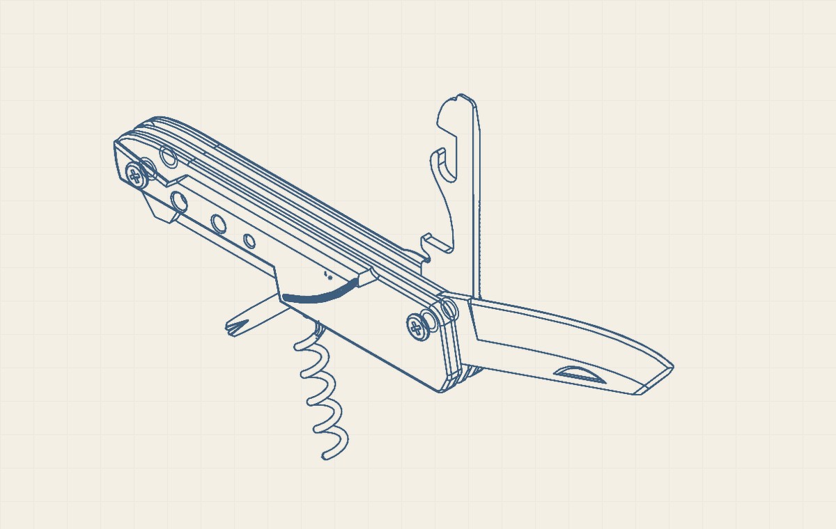 Sanitized isometric CAD view of Robert's pocket knife capstone assembly