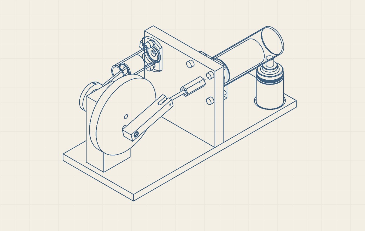 Sanitized isometric CAD view of Robert's Stirling engine assembly